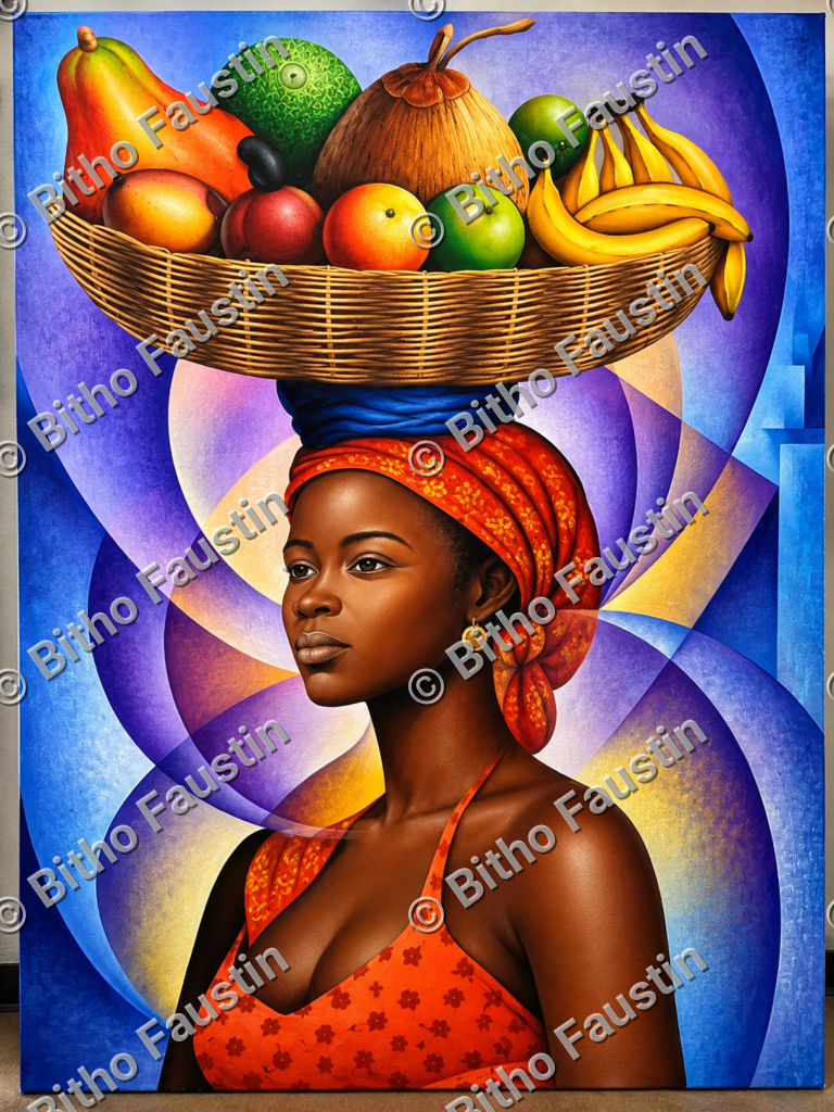 Painting of a crying Haitian mother in a red headscarf breastfeeding a baby, with the Haitian coat of arms, a crucifix, and grieving faces in the background