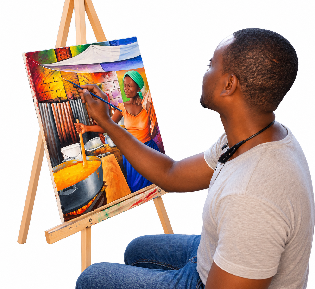 Bitho Faustin painting a market scene