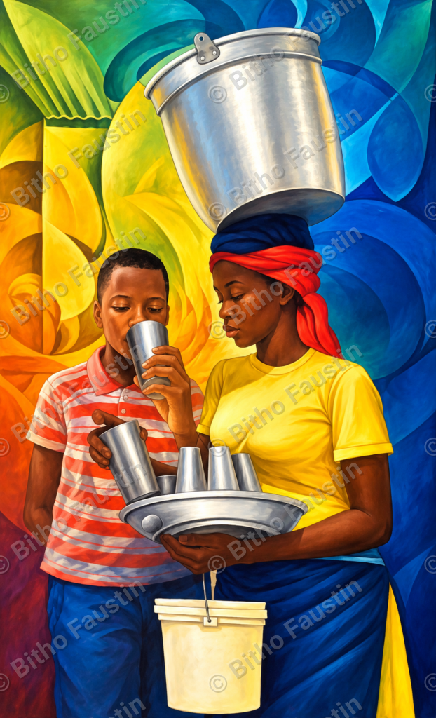 Painting of a Haitian woman in a yellow shirt and red headwrap carrying a bucket of water on her head and serving a cup of water to a young boy
