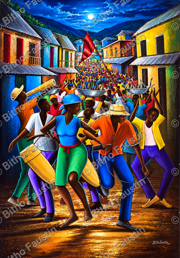 Painting of a nighttime Rara festival street parade in Haiti with musicians, dancers, colorful houses, a full moon, and a crowd carrying a red flag