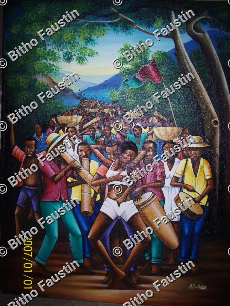 Painting of a Haitian Rara festival procession with musicians and a dancer