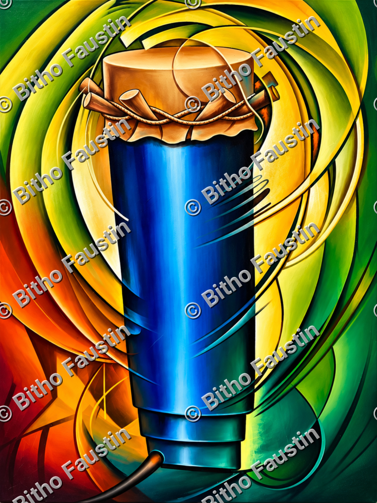 Abstract painting of a blue drum with ropes and wooden pegs, surrounded by swirling green, yellow, and orange brushstrokes