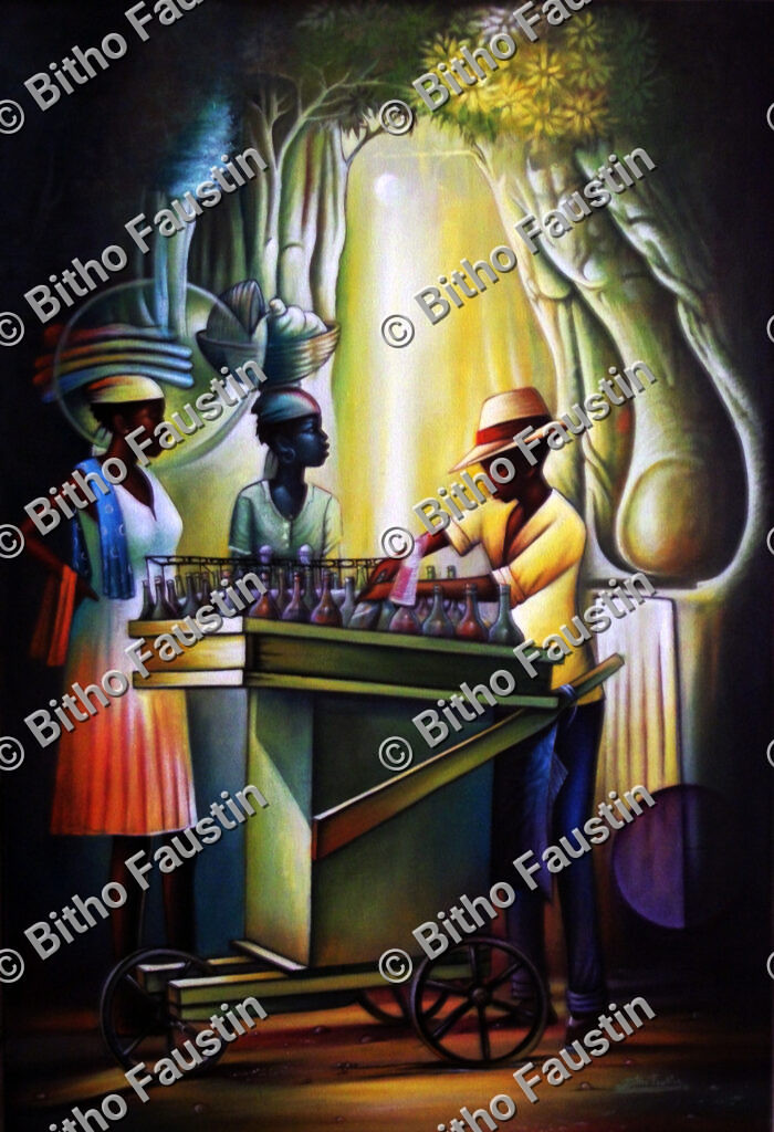 Painting of a street vendor selling bottled drinks from a cart to two women