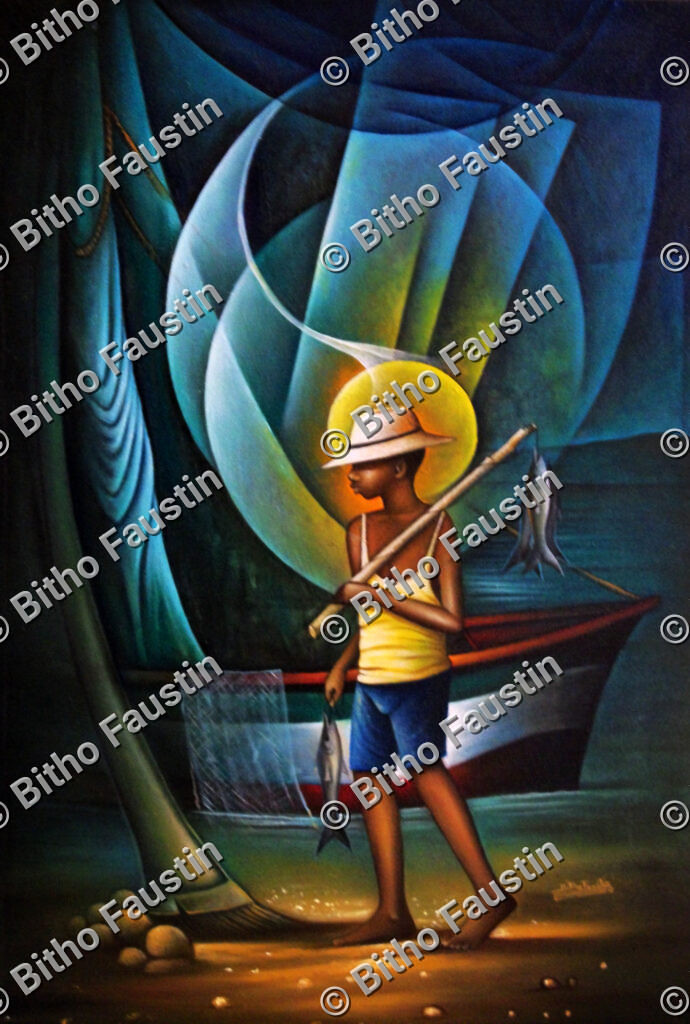 Painting of a young fisherman carrying fish beside his boat at dusk